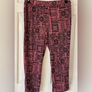 Susan Graver Liquid Knit Coral Pink & Navy  Cropped Print Capri Pants Size Small